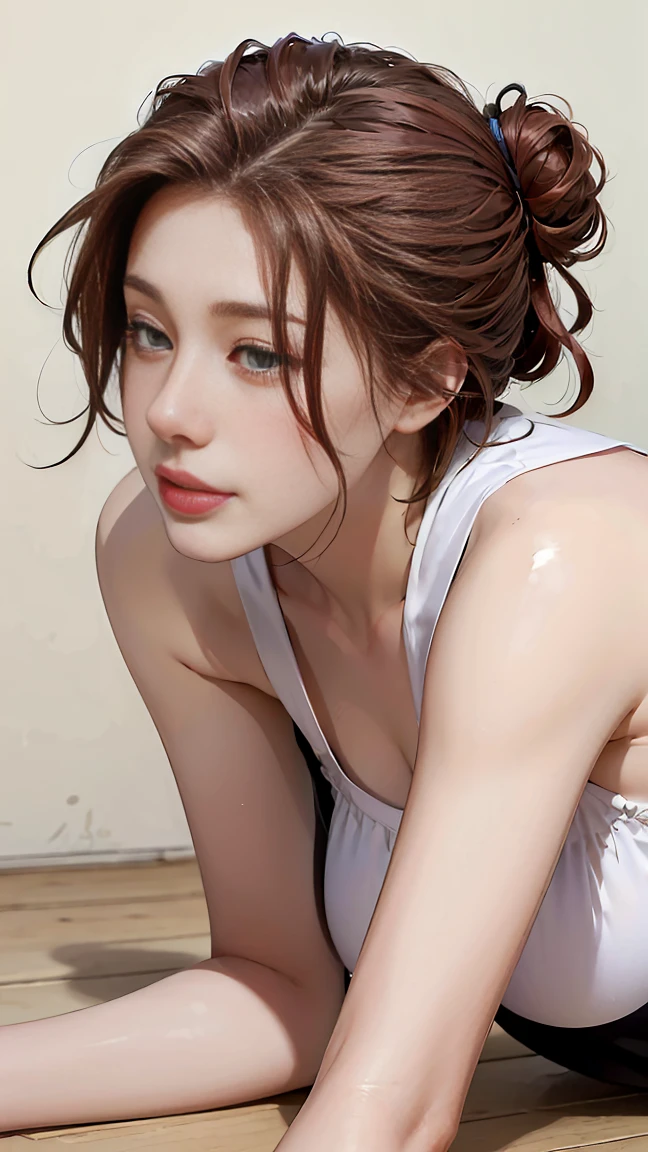 ((((masterpiece, best quality, high resolution)))), Extremely detailed 8K, Beautiful girl with voluptuous body, (crawling on the ground), (cleaning the floor), (seductive crawling on the floor), open legs, sideview, (Realistic red hair), (wavy single hair bun), (embarrassed), (beautiful face), (smile), blush, masterpiece, best quality, CG, HDR, illustration, wallpaper, absurdres, high-definition, extremely detailed, (lewd maid dress:1.2), (thong panty), ((high heels)), (Ultra HD, Ultra-detailed, Highly detailed, Highly realistic, Ultra-realistic, photograph realistic)