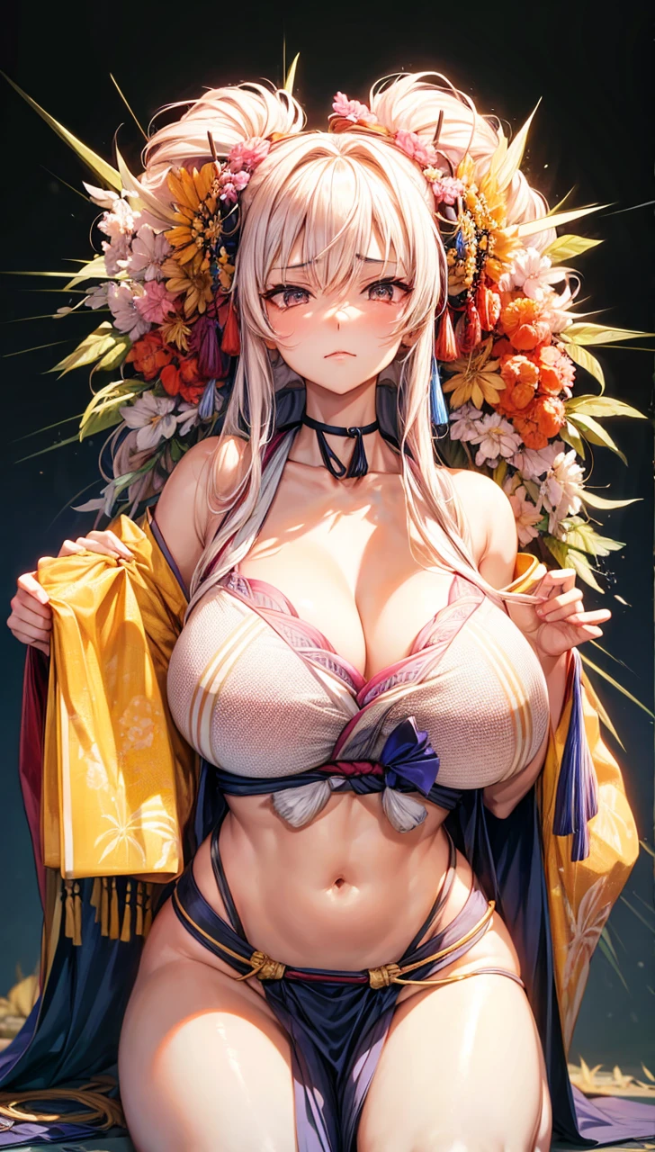 Female warrior, fierce fighting posture, shy eyes, big breasts with areola and navel exposed, a hint of pink on the top of her head, well-developed muscles, wearing a white kimono with high slits, with the effect of being worn, full body portrait, the length of the kimono is adjusted to thigh length, the length of the kimono The slits are trimmed with tassels or other accessories. Fall backwards on the floor, spread your legs subtly, and show a pained expression