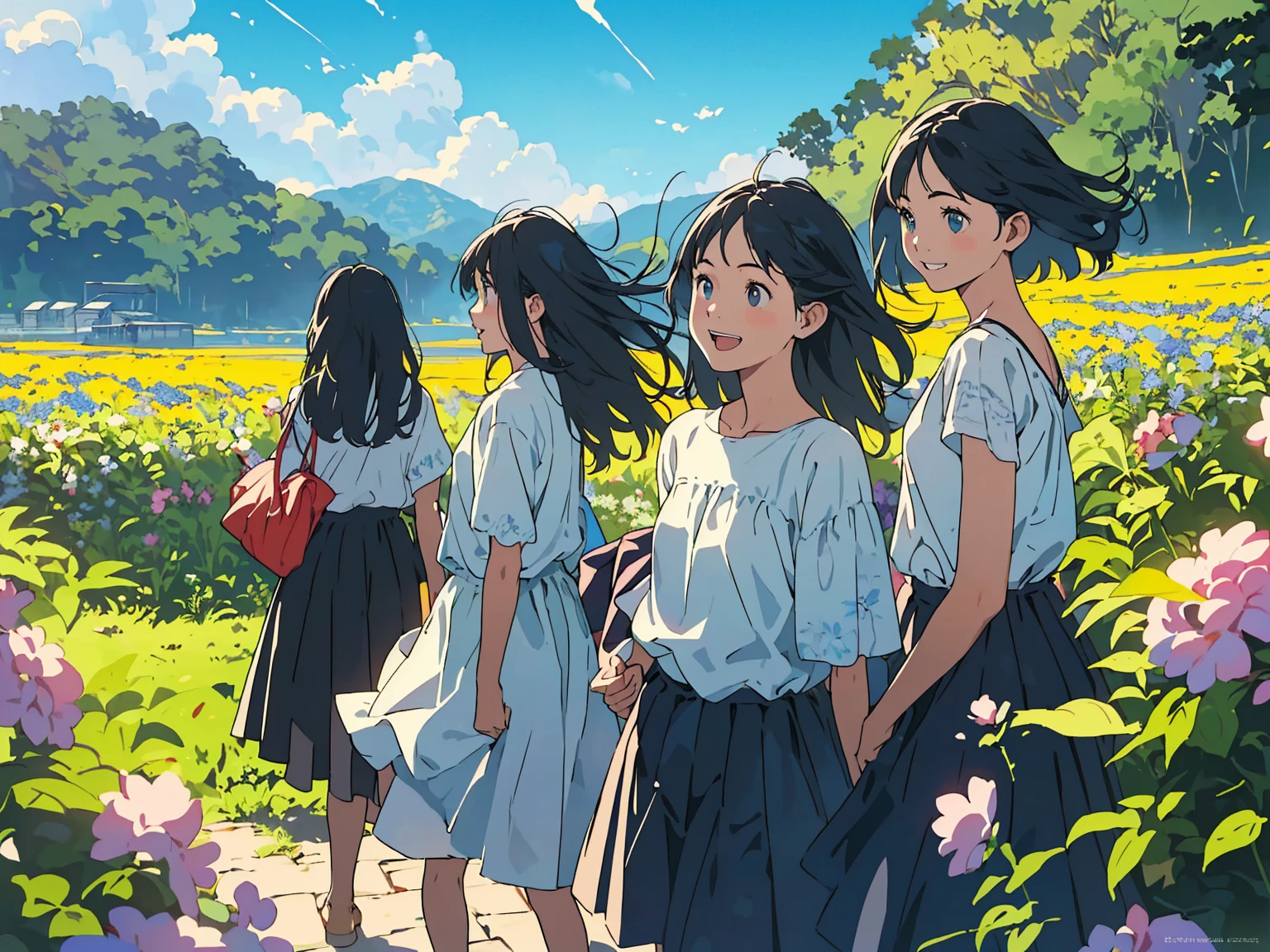 Reasonable design, Clear lines, High Sharpness, (Highest quality,8K,Perfect sharpness,Ultra fine,High resolution,masterpiece:1.2), Perfect ???????:1.5, Official Art, Illustrations that tell a story, (Whitish background:0. 9）、Body Positivity、多Mr.な身体表現、（Random and energetic poses）、Perfect beauty、Perfect beautiful face、Strong winds、A rich expression、Dynamic composition、smile、Golden ratio composition、colorful、（(Mr.々Different angles and perspectives)）、Anime Art、(Mini dress)、（Overcoming stereotypes）、 Glowing Skin、（Natural beauty）、smile、Bangs、（Soft and flowing hair）、（countryside）、（Nostalgic atmosphere）、Put up to your feet、（Playful and carefree）、（多Mr.な民族のキャラクター）、（innocent attitude）、（Sunny atmosphere）、(The skirt flutters wildly in the wind)、（Bright colors）、Beautiful Eyes、(Embarrassing)、Braided Hair、Summer Scene、Smiling among flowers、Side angle、