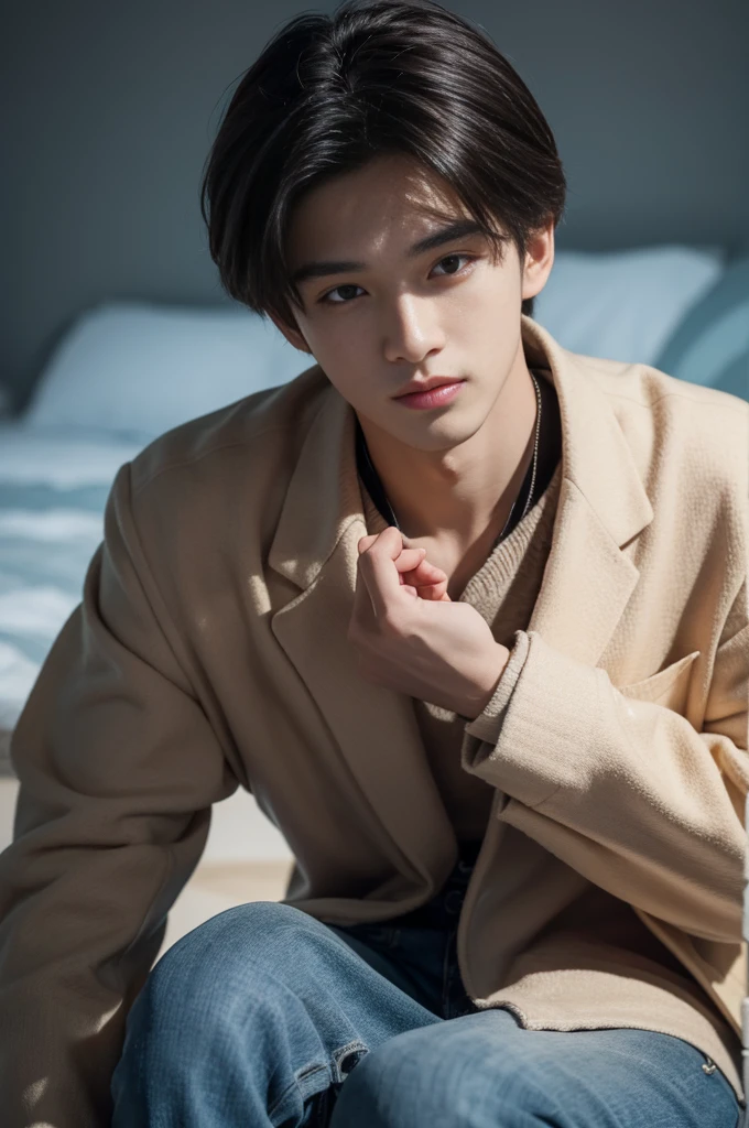 20-year-old handsome guy,looking to the camera,frontage,high qulity,tmasterpiece,8K.4K,1080P,Light-sensitive,Flood