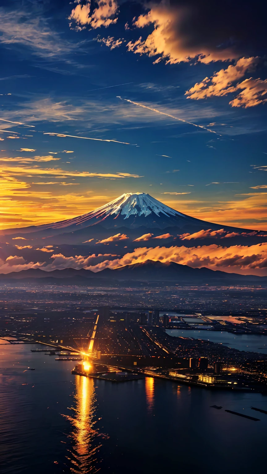 (Ultra-realistic:1.2), High resolution, (Bright colors, High resolution:1.1), (Sharp focus:1.1), (Physically Based Rendering:1.1), Tyndall effect, Colorful lights, (((Light shines through the gaps in the clouds))), Beautiful perspective, Contrasting Shadows, Moving configuration, Realistic scenery, unique configuration, Soft texture, Intricate details, Mysterious atmosphere, An artistic exploration of light and shadow,Angel Ladder、Golden dazzling light、Sunlight reflecting off the ocean surface、A world view that captivates all who see it、mount.Fuji Mountain