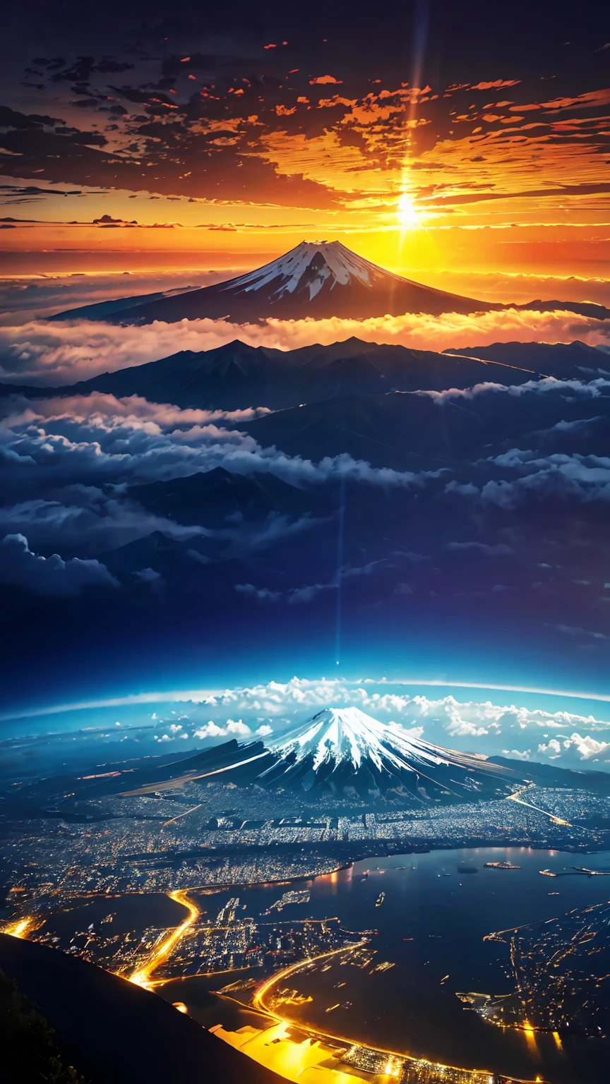 (Ultra-realistic:1.2), High resolution, (Bright colors, High resolution:1.1), (Sharp focus:1.1), (Physically Based Rendering:1.1), Tyndall effect, Colorful lights, (((Light shines through the gaps in the clouds))), Beautiful perspective, Contrasting Shadows, Moving configuration, Realistic scenery, unique configuration, Soft texture, Intricate details, Mysterious atmosphere, An artistic exploration of light and shadow,Angel Ladder、Golden dazzling light、Sunlight reflecting off the ocean surface、A world view that captivates all who see it、mount.Fuji Mountain