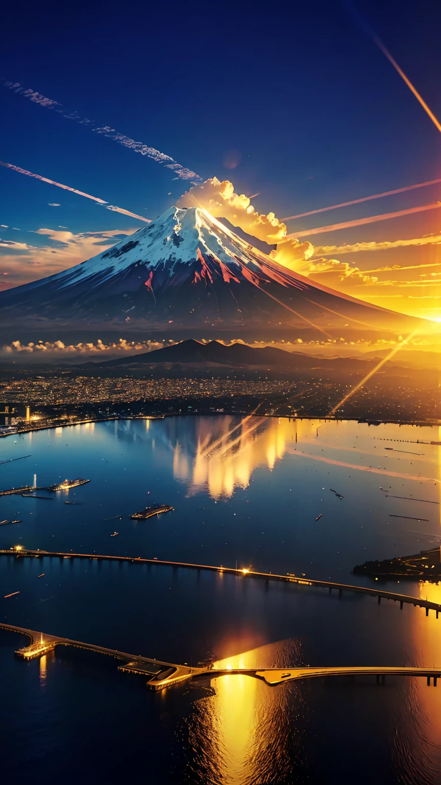 (Ultra-realistic:1.2), High resolution, (Bright colors, High resolution:1.1), (Sharp focus:1.1), (Physically Based Rendering:1.1), Tyndall effect, Colorful lights, (((Light shines through the gaps in the clouds))), Beautiful perspective, Contrasting Shadows, Moving configuration, Realistic scenery, unique configuration, Soft texture, Intricate details, Mysterious atmosphere, An artistic exploration of light and shadow,Angel Ladder、Golden dazzling light、Sunlight reflecting off the ocean surface、A world view that captivates all who see it、mount.Fuji Mountain