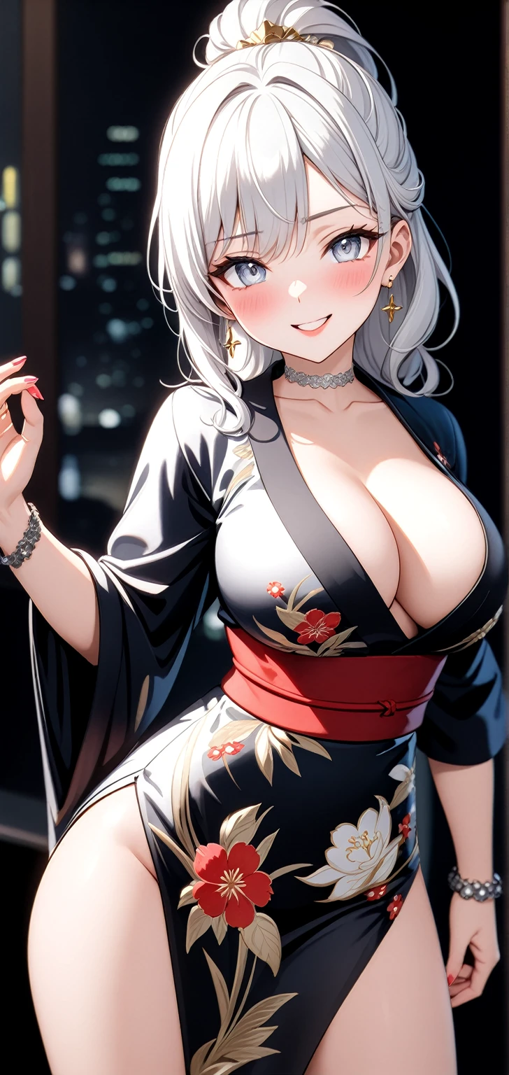 ((one woman)), Beautiful Face,Small face, (full body), Laughing embarrassedly, (laugh:1.2),((Wink:2.0)), (head tilt:1.7), Laugh with your mouth wide open, upper teeth, looking at viewer, ((full-face blush:1.6)),Glossy Red Lips, Night view, High rise building terrace, firework, Glossy red lips, Shining Face, ((anime colored)), ((Anime style background)),masterpiece, Highest quality, so beautiful,up to date, Complex details, (Pink long nails),(ring),(bracelet),(Floral choker),AI-generated, Complex,High resolution, Highest quality, super high quality,3D Images、3D Images, One person, Long white hair, High Ponytail, Anime woman posing for a photo, (blue eyes), ((Fine grain、Silvery white, lightly pigmented eyes、Shining Eyes:1.4)), (Squint your eyes:1.1),a hyperRealistic , hyperRealistic , Realistic,Anime woman with long white hair, Smooth anime CG art, ((A woman in a gorgeous kimono embroidered with gold)), ((Long sleeve black kimono:1.2)),((Red floral pattern)),Long flower hair ornament,Earrings,Mature Body,Adult women, (Big Breasts:1.1),Tall,Abdominal muscles,Tight waist,(Zoom in on face), ((front view)),