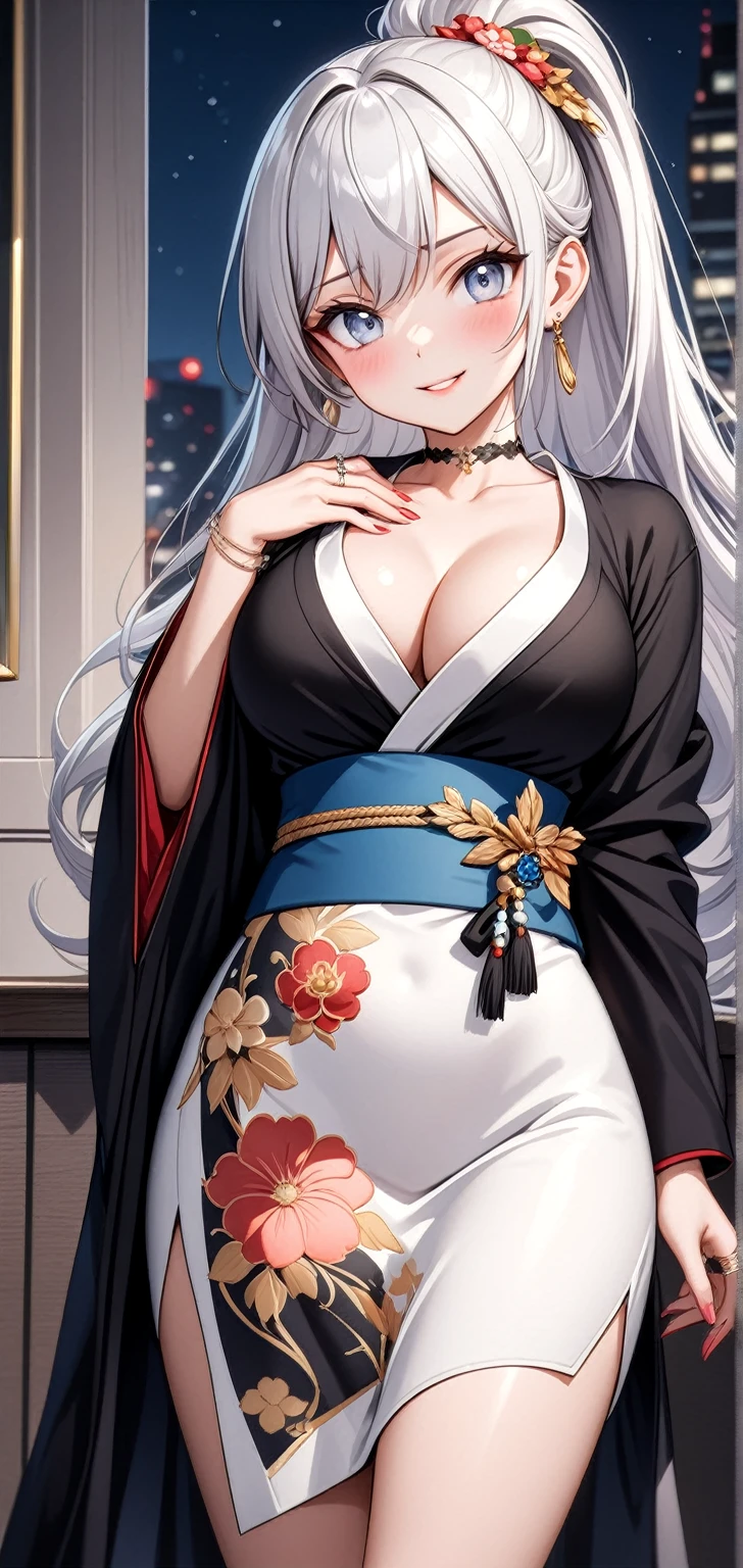 ((one woman)), Beautiful Face,Small face,  (full body), Laughing embarrassedly, (laugh:1.2),((Wink:2.0)), (head tilt:1.7), Laugh with your mouth wide open, upper teeth, looking at viewer, ((full-face blush:1.6)),Glossy Red Lips, Night view, High rise building terrace, firework, Glossy red lips, Shining Face, ((anime colored)), ((Anime style background)),masterpiece, Highest quality, so beautiful,up to date, Complex details, (Pink long nails),(ring),(bracelet),(Floral choker),AI-generated, Complex,High resolution, Highest quality, super high quality,3D Images、3D Images, One person, Long white hair, High Ponytail, Anime woman posing for a photo, (blue eyes), ((Fine grain、Silvery white, lightly pigmented eyes、Shining Eyes:1.4)), (Squint your eyes:1.1),a hyperRealistic , hyperRealistic , Realistic,Anime woman with long white hair, Smooth anime CG art, ((A woman in a gorgeous kimono embroidered with gold)), ((Long sleeve black kimono:1.2)),((Red floral pattern)),Long flower hair ornament,Earrings,Mature Body,Adult women, (Big Breasts:1.1),Tall,Abdominal muscles,Tight waist,(Zoom in on face), ((front view)),
