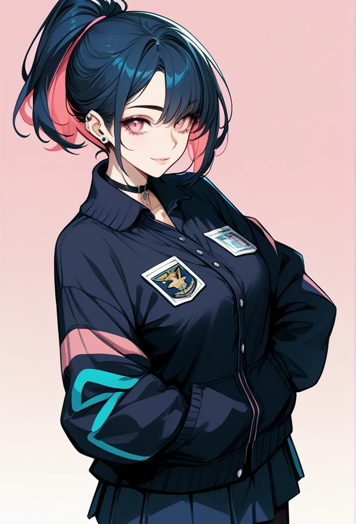 mature woman, mature face, pink eyes, soft expression, gentle smile, glossy lips, ponytail hair, short ponytail, (blue hair color, pink gradient hair color, azure color hair), long left bang hairstyle, emo bangs hairstyle, mature body, dark blue cardigan, short skirt, navy color skirt, pantyhose