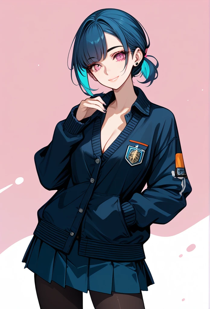 mature woman, mature face, pink eyes, soft expression, gentle smile, glossy lips, ponytail hair, short ponytail, (blue hair color, pink gradient hair color, azure color hair), long left bang hairstyle, emo bangs hairstyle, mature body, dark blue cardigan, short skirt, navy color skirt, pantyhose