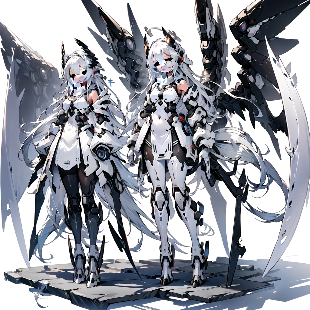 masterpiece, highest quality, highest resolution, clear_image, detailed details, White hair, long hair, cat ears, 1 girl, red eyes, white pantyhose, white sci-fi dress, white scarf (white scarf around the neckwith a light blue glow), gray futuristic halo (gray halo over the head), white wings (4 wings), cute, full body, no water marks, outer space