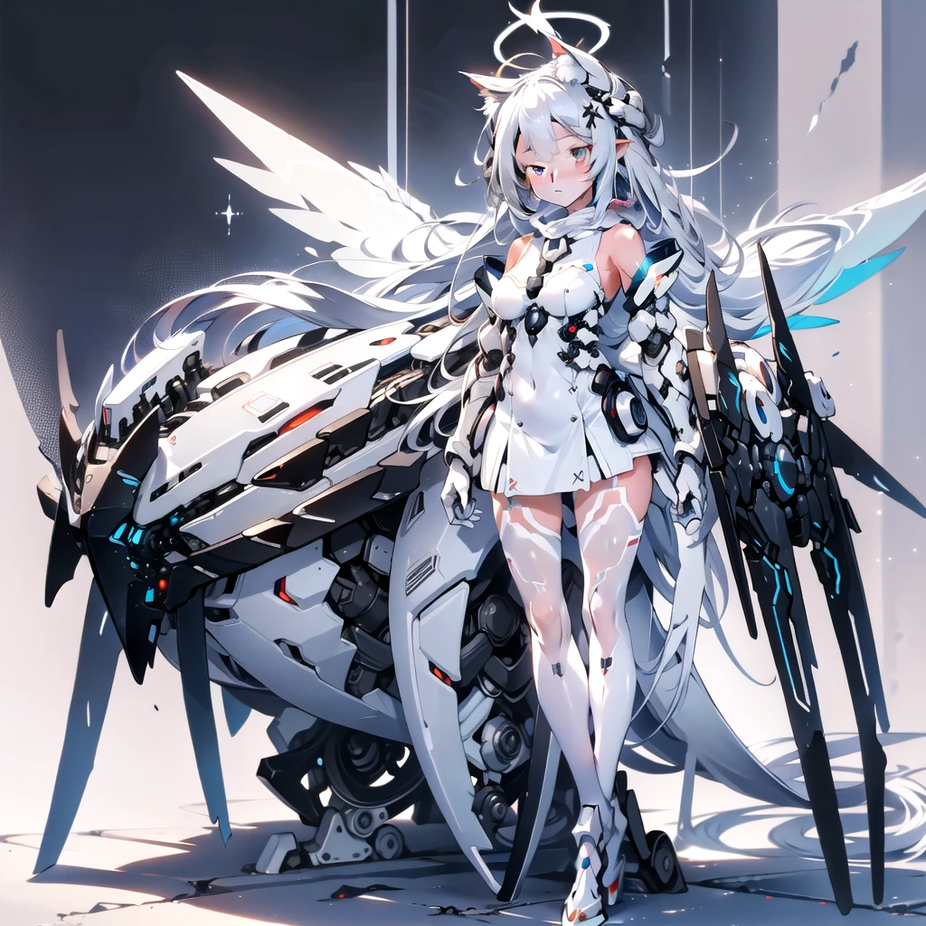 masterpiece, highest quality, highest resolution, clear_image, detailed details, White hair, long hair, cat ears, 1 girl, red eyes, white pantyhose, white sci-fi dress, white scarf (white scarf around the neckwith a light blue glow), gray futuristic halo (gray halo over the head), white wings (4 wings), cute, full body, no water marks, outer space