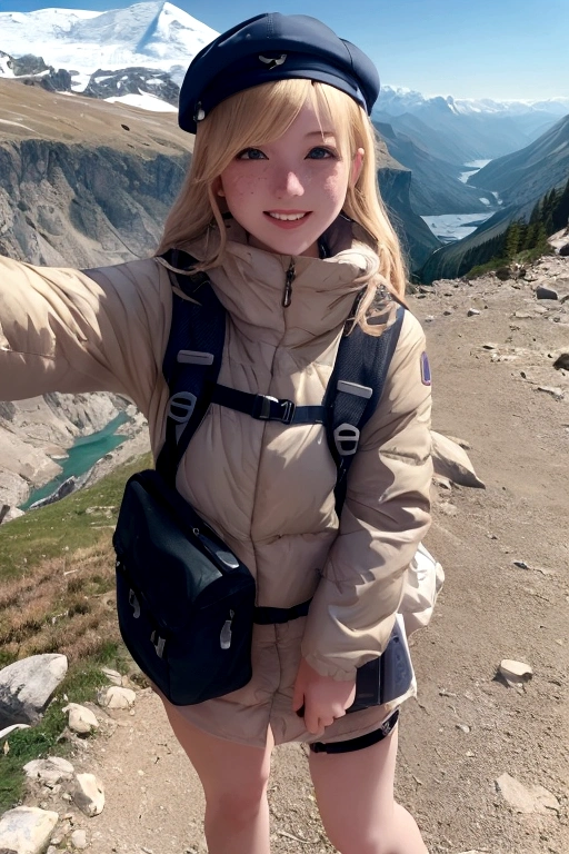 masterpiece, 8K, 4K, wallpaper, ultra detail, 1girl, blonde, Mountaineering, Selfie, cap, spring, freckles, smile, Big backpack, stock, Mountaineering服, mountains, Valley, river