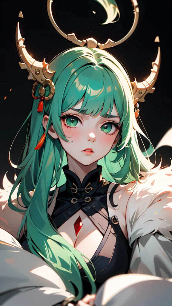 Masterpiece, Best quality, 1 Female, Mature Woman, Elder Sister, young girl, Royal Sister, the expression is sad, strong, green eyes, long hair, smoky mix green color hair, resolute eyes, red lips, simple black and white chinese dress, Chinese mix morden, frontal photo, black or white background, simple background, anime, illustration, Cinema Lighting,Professional Photographer,Random Pause、50mmlens
