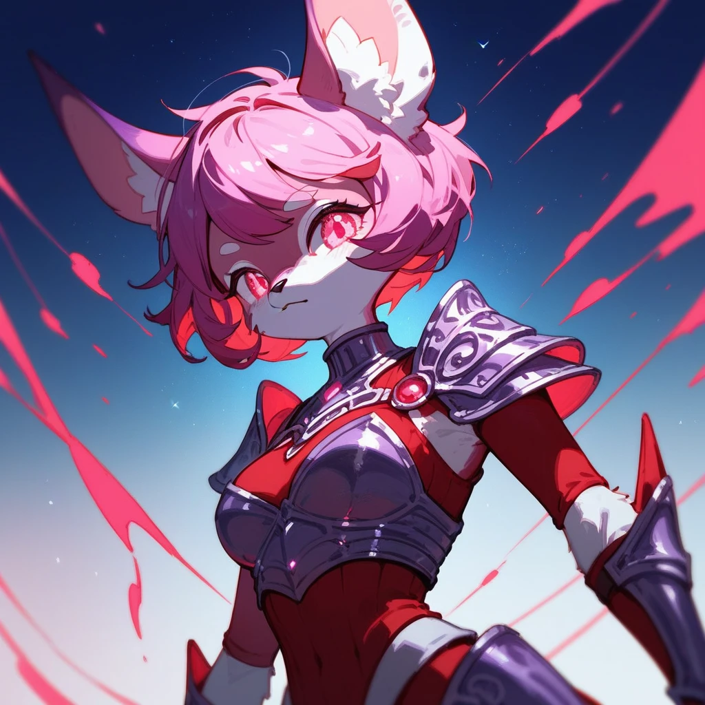 Jackalope woman, armor, purple black and fuchsia, glowing, short hair, furry, Crimson stars above (score_9,score_8_up,score_7_up,score_6_up,score_5_up,score_4_up)