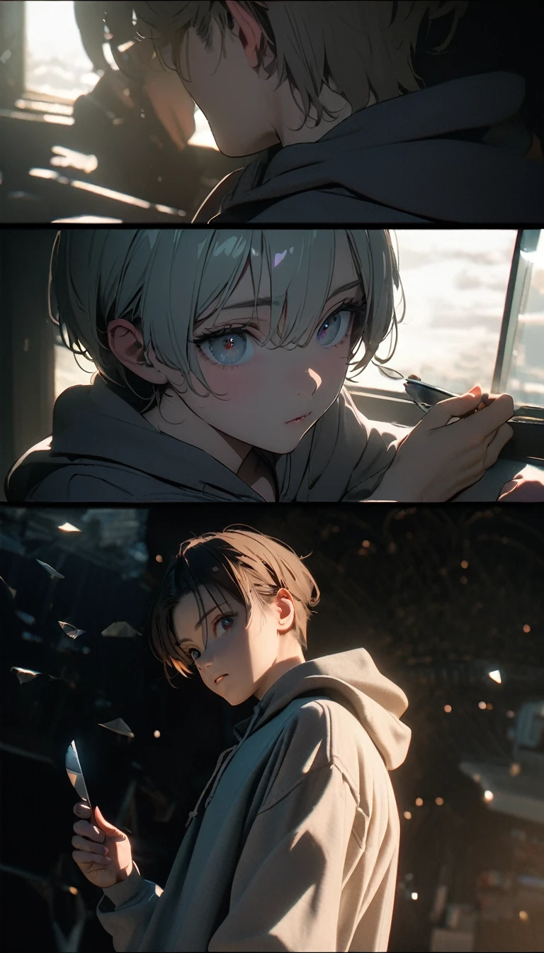 (8K, RAW photos, best quality, masterpiece: 1.4), (((The boy stands in absolute darkness)))，Ultra-high resolution, Extremely detailed,Upper body close-up, handsome boy, black eyes, (delicate eyes, Eyes are bright:1.2), Gray short hair, Fair skin,dark, Grey sweatshirt, sweatshirt with hood,(perfect anatomy:1.2), High-quality shadows, Natural Lighting, (White highlights:1.2), night, cloudy day, (Broken glass flying:1.2), (Boning knife in hand:1.2)