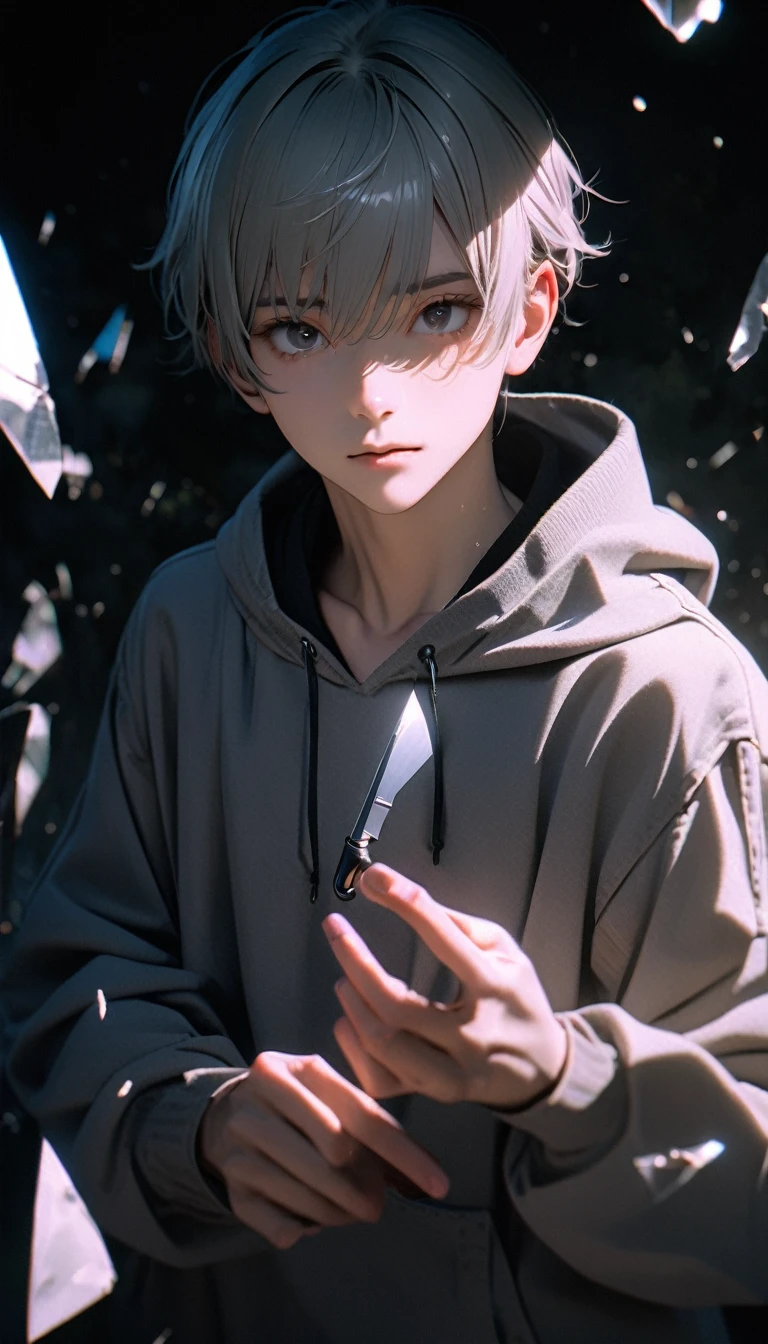 (8K, RAW photos, best quality, masterpiece: 1.4), (((The boy stands in absolute darkness)))，Ultra-high resolution, Extremely detailed,Upper body close-up, handsome boy, black eyes, (delicate eyes, Eyes are bright:1.2), Gray short hair, Fair skin,dark, Grey sweatshirt, sweatshirt with hood,(perfect ???????:1.2), High-quality shadows, Natural Lighting, (White highlights:1.2), night, cloudy day, (Broken glass flying:1.2), (Boning knife in hand:1.2)