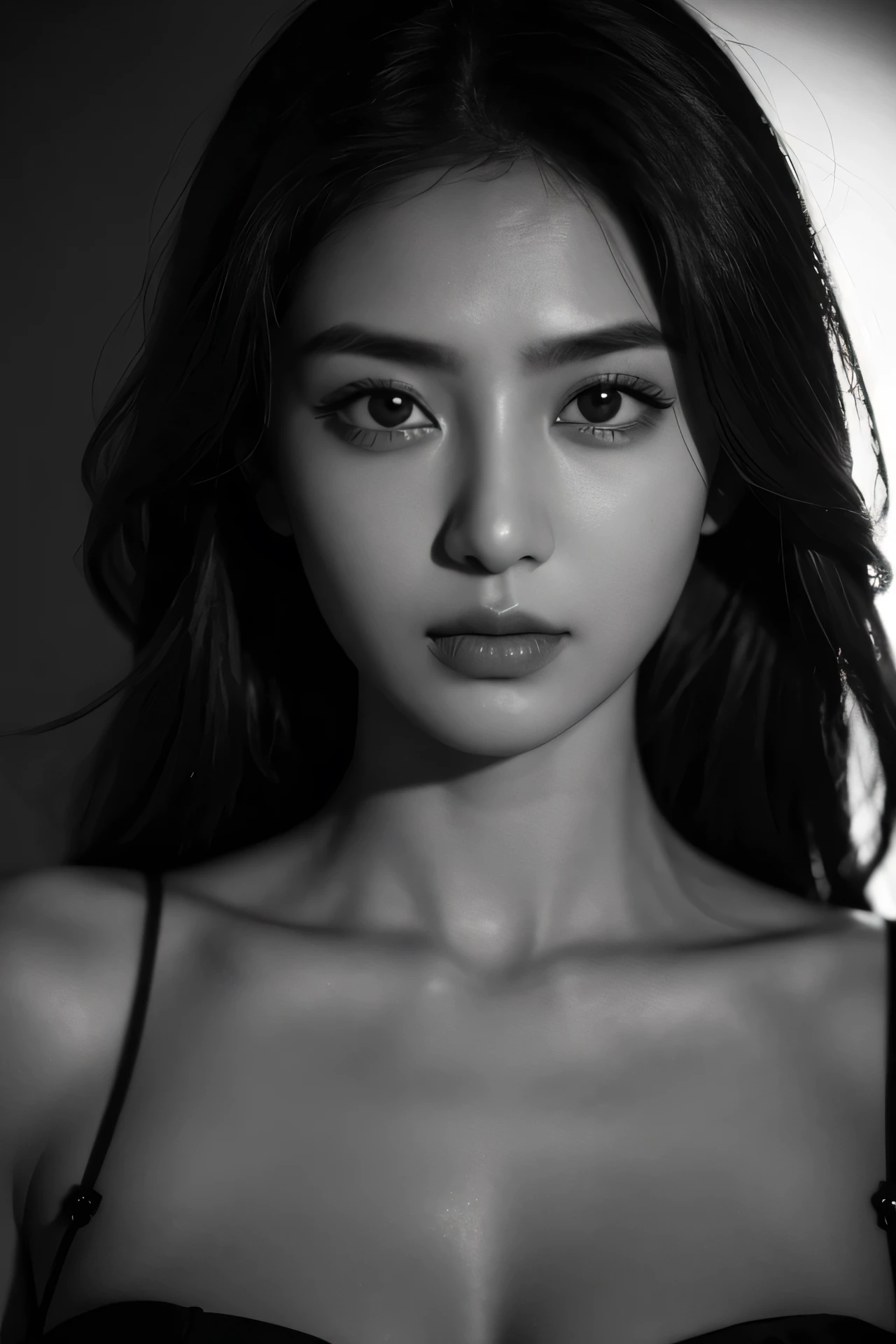 8k, highest quality, ultra details, portrait, Meera, Asian European, dramatic lighting, intense gaze, black and white, high contrast