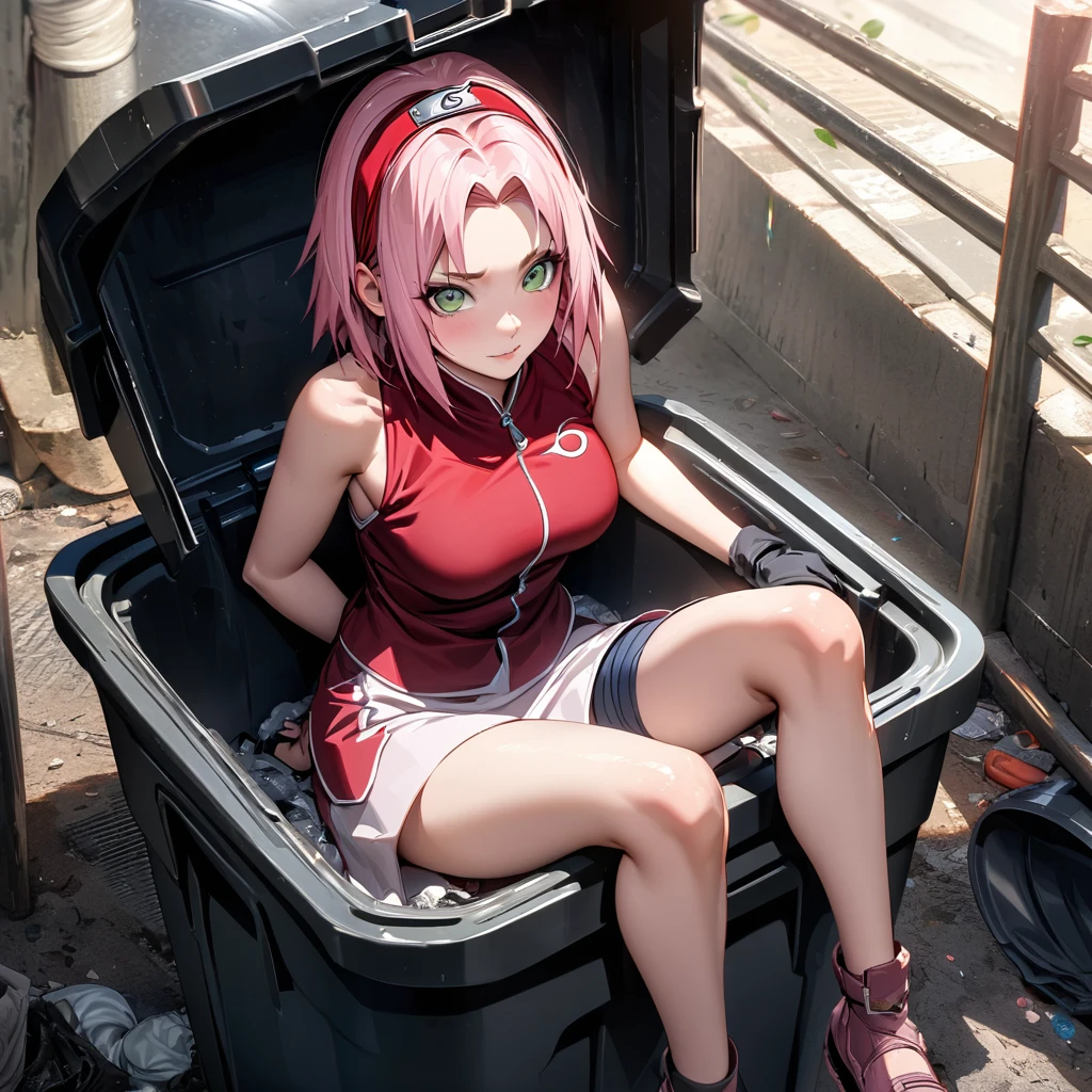 Ultra detailed, Highres, absurdres, HDR, Haruno Sakura, pink hair, Naruto Shippuden, sitting inside trash can , extremely beautiful, 1 woman only,