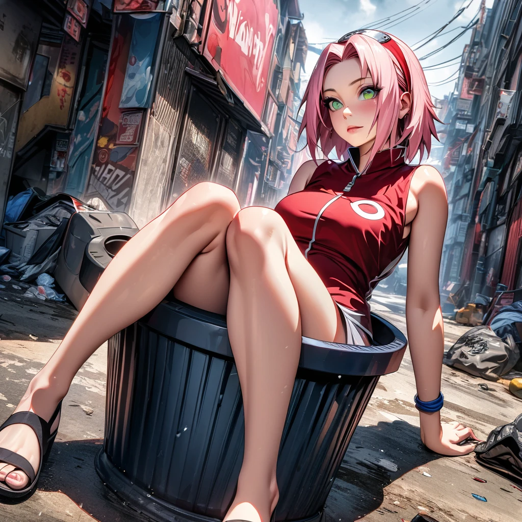 Ultra detailed, Highres, absurdres, HDR, Haruno Sakura, pink hair, Naruto Shippuden, sitting inside trash can , extremely beautiful, 1 woman only,