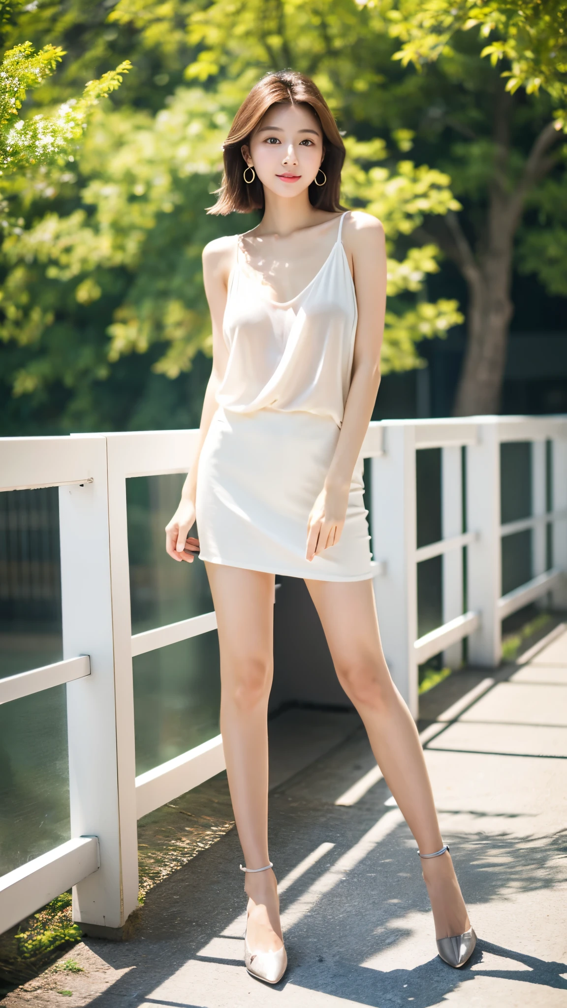 Ultra-clear resolution,Young girl,Shoulder-length hair,Light hair color,Earrings,Clear eyes,No makeup,Lip Gloss,Delicate face,Perfect face,Fair skin,Perfect breasts,Long and slender legs,Casual loose clothing,Office miniskirt,casual shoes,Empty outdoors