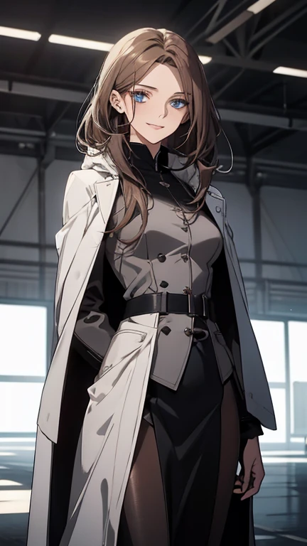 (Highest quality,High resolution,Very detailed),1 Girl, Beautiful and exquisite light blue eyes, Brown Hair, Cold Smile,Grudge,Indignant,Long straight tail tied at the back, Wearing a white and grey pilot suit,Wearing a black cloak, Mature Woman, Age 25,Cruel smile, Calm and Calm, Slim figure, Pale complexion, thin, Calm, In the Hangar.operator