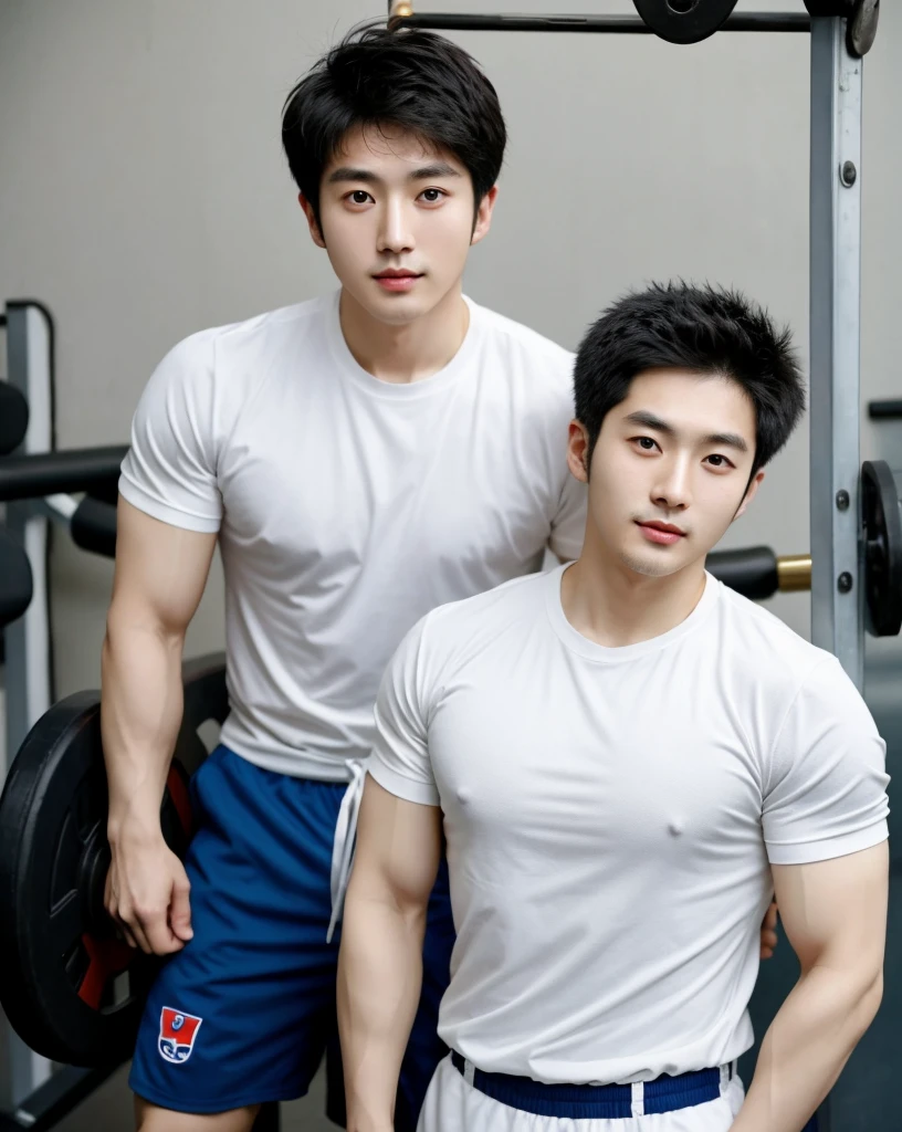 Korean man, Inspiration from Peng Yuyan, 30 years old, 236 years old, Cute Korean Face, 35 yo, 33 year old Korean muscular man，The gym is in the back.