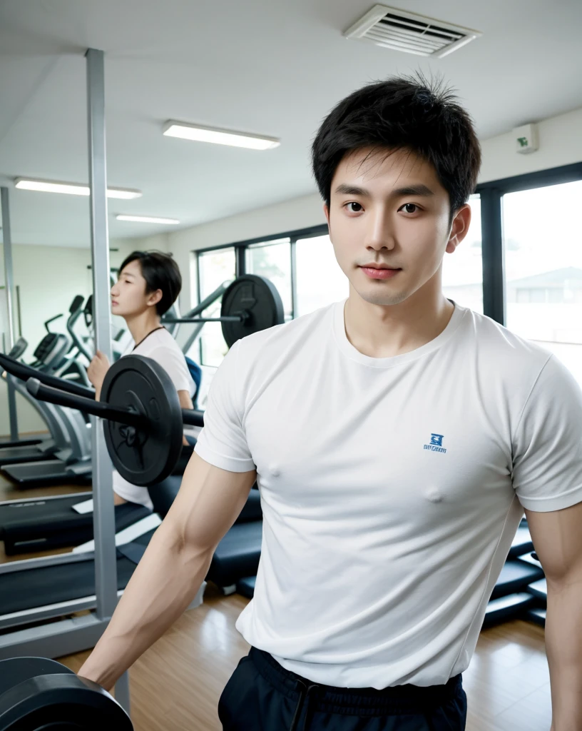 Korean man, Inspiration from Peng Yuyan, 30 years old, 236 years old, Cute Korean Face, 35 yo, 33 year old Korean muscular man，The gym is in the back.