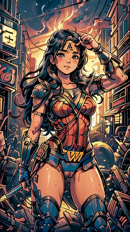 (8k),(masterpiece),(Japanese),(-yeld gi,((innocent look)),((Childish)),From the front,smile,cute,Innocent,Kind eyes,Flat chest,Hairless vagina, Cameltoe,Wonder woman Costume,semi-long,Hair blowing in the wind,Black Hair,Strong wind,night,dark, Neon light cyberpunk city