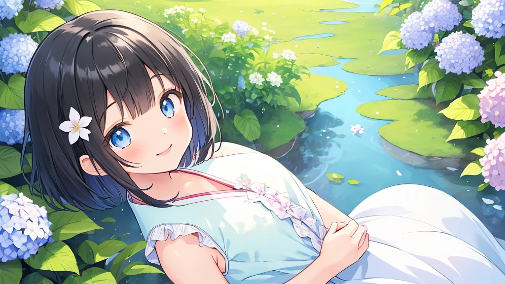 ((Masterpiece)), ((top quality)), very detailed, animated style illustration, Japanese style garden, 1girl, cute girl, solo, upper body, upper body focus, in the middle, white sundress, (beautiful eyes), beautiful black hair, short hair, flower hair ornament, blue eyes, slim, slender, (smile:1.2), Hydrangea in background, A soft and gentle anime illustration with pastel colors, featuring a **************** with short black hair adorned with a small flower hair ornament and blue eyes. The artwork should have a fluffy and delicate style, capturing the youth and innocence of the girl. The pastel color scheme adds to the gentle and serene atmosphere of the illustration, emphasizing the girl's youthful and innocent appearance.