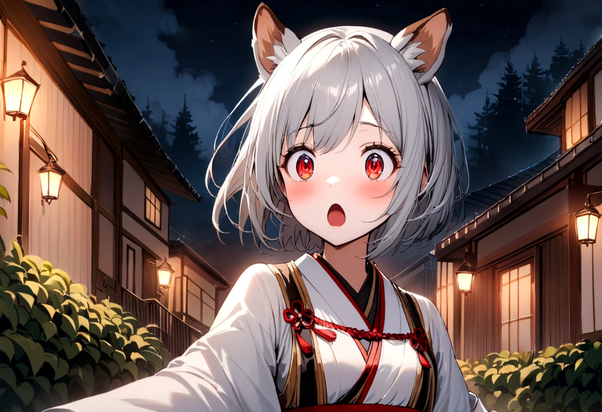 girl,cute,Small breasts,Gray Hair,Dog Ears,short hair,Red eyes,kimono,countryside,night,Surprised、Surprise、