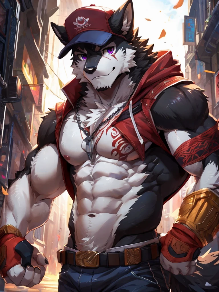 embedding:Black wolf,male, Purple eyes,Scar on the face, Single Person,black fur.The chest and abdomen are white fur.A film actor,Daily life,Wearing a cap,Tattoo,Adult male,strong,Handsome,Confident,Young,Muscular,Tall,Best quality hands, best quality eye,detailed fur,Delicate eyes.Extreme picture quality,by sollyz,by zixiong,by null_ghost