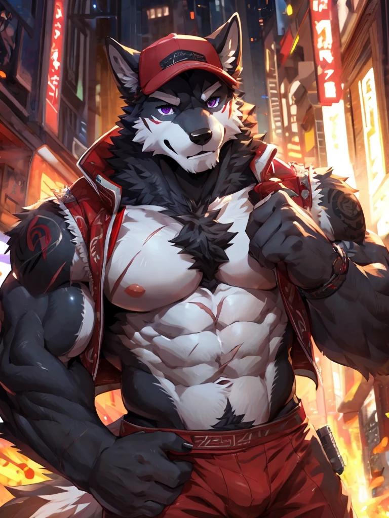 embedding:Black wolf,male, Purple eyes,Scar on the face, Single Person,black fur.The chest and abdomen are white fur.A film actor,Daily life,Wearing a cap,Tattoo,Adult male,strong,Handsome,Confident,Young,Muscular,Tall,Best quality hands, best quality eye,detailed fur,Delicate eyes.Extreme picture quality,by sollyz,by zixiong,by null_ghost