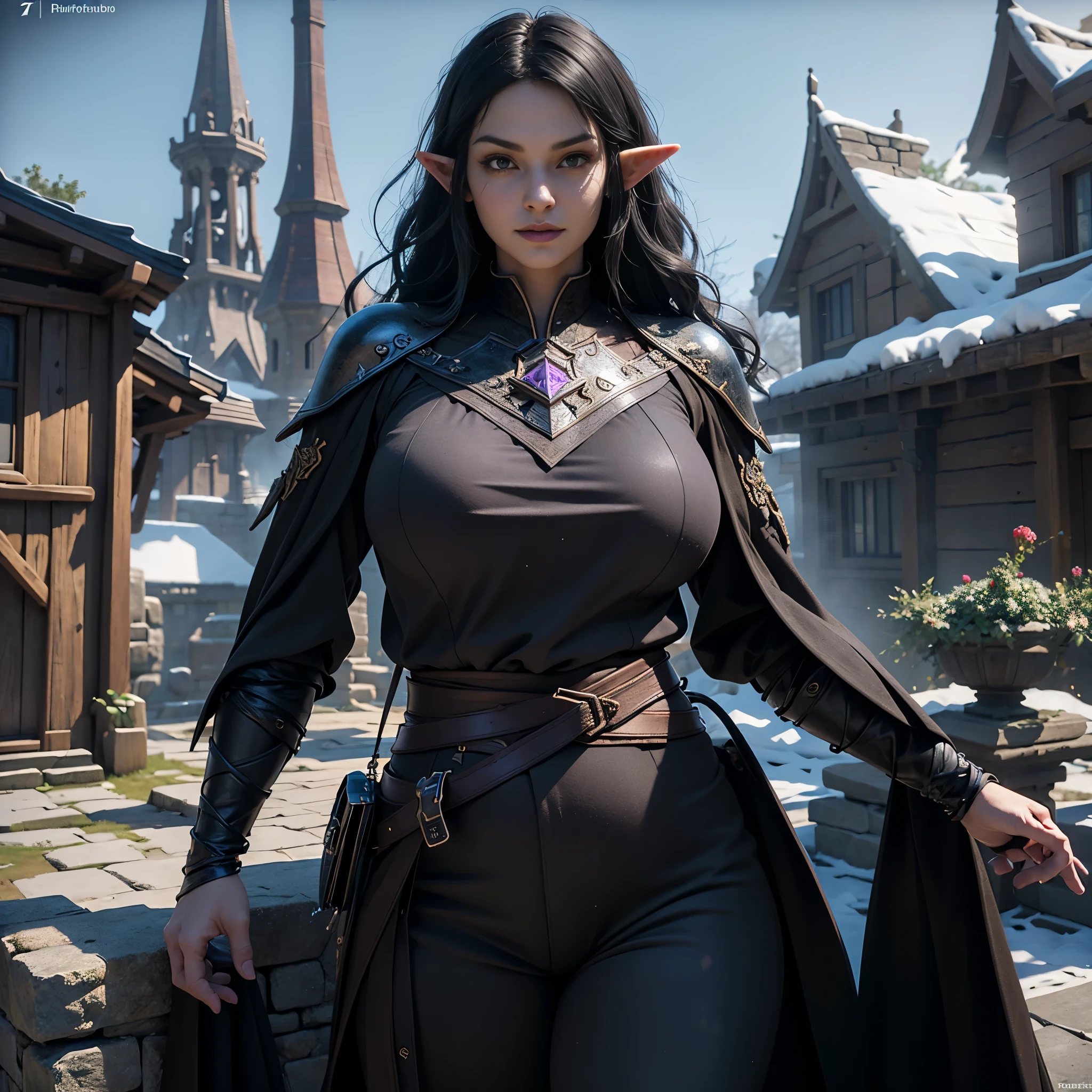 ((Best quality)), ((masterpiece)), (detailed: 1.4), 3D, (half-elf sorceress), (black hair, purple eyes:1.5, pale brown skin), (black robe, purple sleeves, grey pants, black boots and black armbands), (huge tits, big booty, short, curvy), (heavy gothic makeup), HDR (High Dynamic Range),Ray Tracing,NVIDIA RTX,Super-Resolution,Unreal 5,Subsurface dispersion, PBR texture, Post-processing, Anisotropic filtering, Depth of field, Maximum clarity and sharpness, Multilayer textures, Albedo and specular maps, Surface shading, Accurate simulation of light-material interaction, Perfect proportions, Octane Render, Two-tone lighting,Wide aperture,Low ISO,White balance,Rule of thirds,8K RAW,