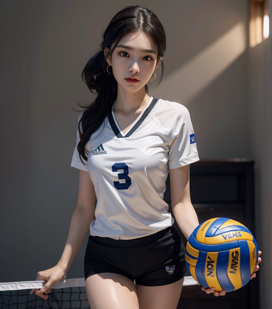 absurdres, RAW photo, extremely delicate and beautiful, masterpiece, Best Quality, ultra high resolution, 32k, hyperrealistic, ultra-detailed, Very detailed CG 8k wallpaper, Beautiful Lighting, Perfect Lightning, Realistic Shadows, (perfect anatomy:1.2), super Detailed skin, perfect figure, Japanese woman, late 20s, very Slim body, narrow waist, very small head, handsome detailed woman, very detailed eyes and face, realistic face proportions, Stunning detailed eyes, Realistic beautiful face, very small face, Realistic small beautiful eyes, tearful mole, earring, medium breasts, (full body shot:1.4), medium hair, black hair, (volleyball Jersey:1.4), (shorts:1.2),