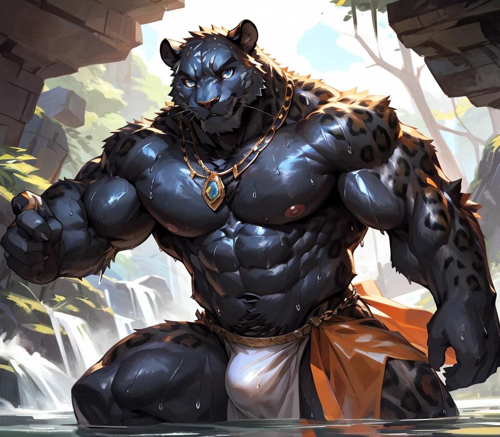 ((best quality)), ((masterpiece)), (ultra detailed), perfect face,(sharp eyes),sharp focus, (by null-ghost,by traver009,by lindong,by pino daeni), (male anthro black panther):1.9, ((black fur)), ((black belly)), sharp eye,ultra-detailed eyes, Beautiful and delicate eyes, exquisite eyes,(orange):0.1 eyes, ((fluffy fur, fluffy, furry body)),((long white loincloth), with yellow pattern):0.8, muscular male , (wearing random pattern necklace), smile, (bulge), reflection, sexy body, middle-age, strong, (huge body, abs, strong muscle, 8 pack), shirtless, tougue out, claw, pink nipples, handsome, ((leopard fur pattern)), majestic, barbarous, Delicate canine teeth, anime, hairy, male, by the waterfall , full body, ((sweating:1.7)), anime