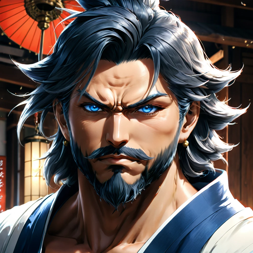 (high qualiy, work of art, japanese anime, two-dimensional, gorgeous eyes, extremely detailed background, 8 k wallpaper, extreme detailed face) Tio, Body a little chubby, Strong muscles, Barba, hopeful eyes, glare eyes, blue colored eyes, mature and stable, sophisticated, white short sleeves, retrato de onmyoji, miyamoto musashi, anime character detailed art, pavilion background