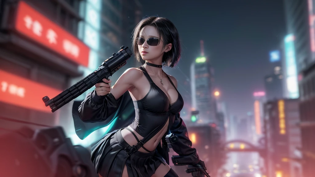 cyberpunk-style city with a nocturnal vibe with Blade Runner-like aesthetic references. At night, (1girl, solo, alone), photorealistic, medium-breast slim:0.6 body, oval:0.5 face, cleavage:1.1, sexy black laced bra, miniskirt, white laced panty, coat, (black micro sunglasses), (holding a short gun), (slightly leaning forward running pose), ((half-body thigh level medium shot)), cinematic lighting, ray tracing, motion blurred background.