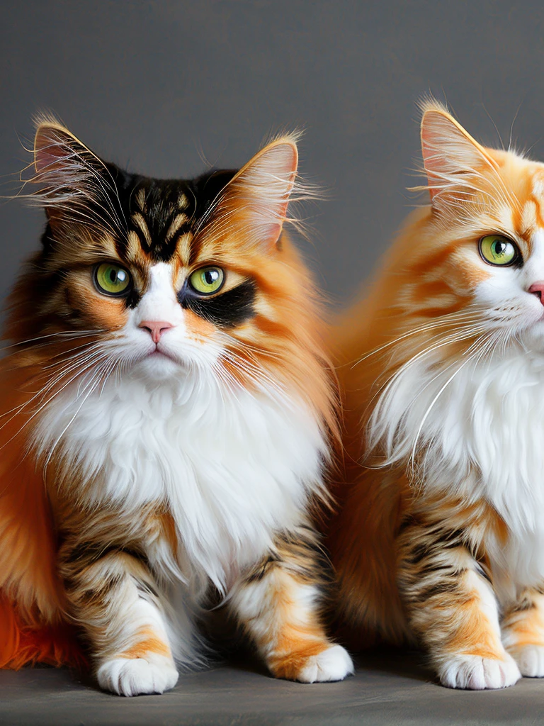 two Persian cats, orange in color, with thick and long hair, wearing clothes that say queency and cherry