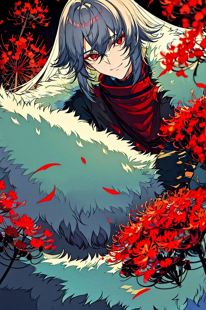 generate a gray haired boy with short fluffy hair and deep red eyes, holding a glittering red sphere. he wears a dolman-style oversized tunic that fits snugly around the top but flows loosely towards the ends. he puts on a sly smile. he's surrounded by red spider lilies.