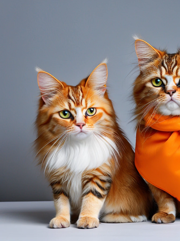 two Persian cats, orange in color, with thick and long hair, wearing clothes that say queency and cherry