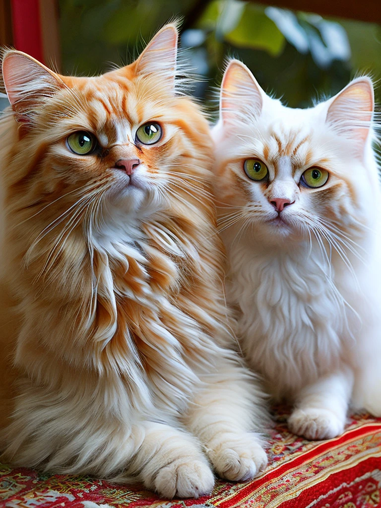 two Persian cats, orange in color, with thick and long hair, wearing clothes that say queency and cherry