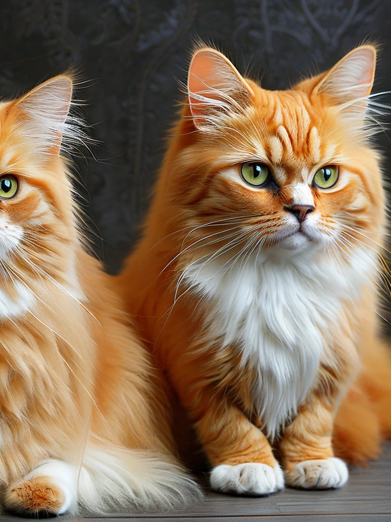 two Persian cats, orange in color, with thick and long hair, wearing clothes that say queency and cherry