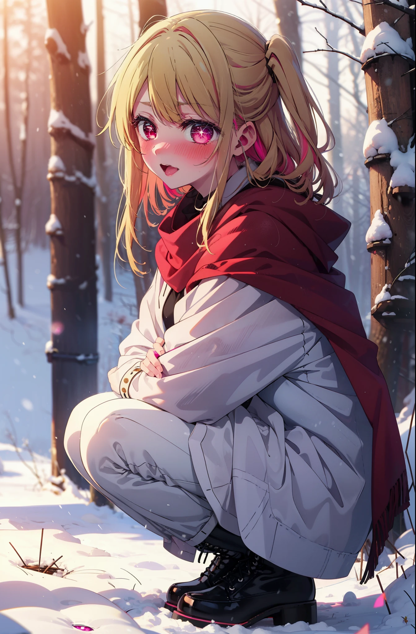 rubyhoshino, Hoshino Ruby, Long Hair, bangs, Blonde, (Pink Eyes:1.3), (Symbol-shaped pupil:1.5), Multicolored Hair, Two-tone hair, smile,blush,White Breath,
Open your mouth,snow,Ground bonfire, Outdoor, boots, snowing, From the side, wood, suitcase, Cape, Blurred, , forest, White handbag, nature, Squat, Mouth closed, Cape, winter, Written boundary depth, Black shoes, red Cape break looking at viewer, Upper Body, whole body, break Outdoor, forest, nature, break (masterpiece:1.2), Highest quality, High resolution, unity 8k wallpaper, (shape:0.8), (Beautiful and beautiful eyes:1.6), Highly detailed face, Perfect lighting, Highly detailed CG, (Perfect hands, Perfect Anatomy),