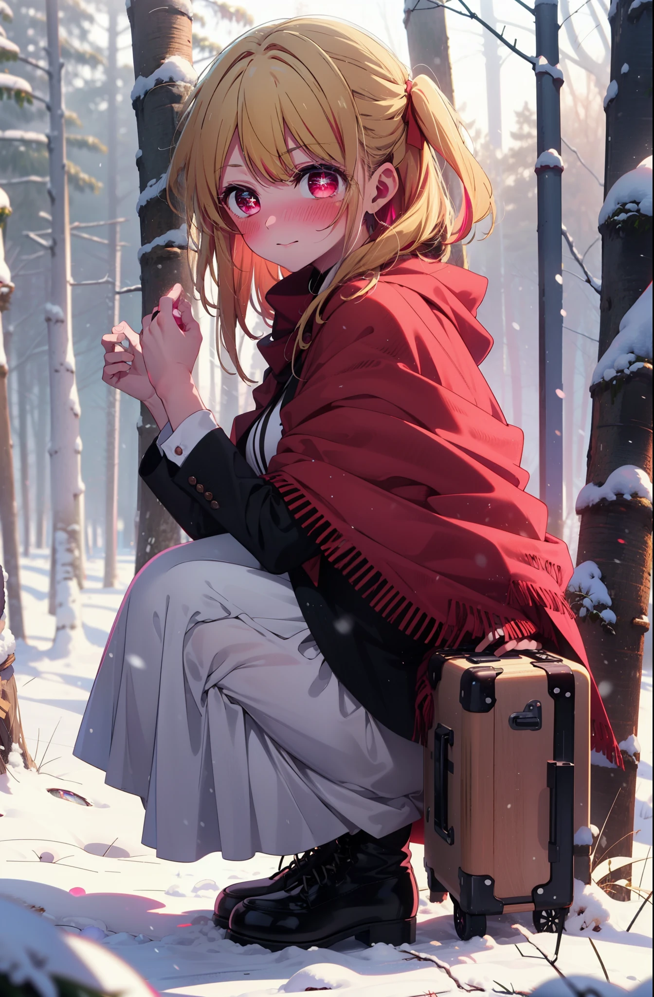 rubyhoshino, Hoshino Ruby, Long Hair, bangs, Blonde, (Pink Eyes:1.3), (Symbol-shaped pupil:1.5), Multicolored Hair, Two-tone hair, smile,blush,White Breath,
Open your mouth,snow,Ground bonfire, Outdoor, boots, snowing, From the side, wood, suitcase, Cape, Blurred, , forest, White handbag, nature,  Squat, Mouth closed, Cape, winter, Written boundary depth, Black shoes, red Cape break looking at viewer, Upper Body, whole body, break Outdoor, forest, nature, break (masterpiece:1.2), Highest quality, High resolution, unity 8k wallpaper, (shape:0.8), (Beautiful and beautiful eyes:1.6), Highly detailed face, Perfect lighting, Highly detailed CG, (Perfect hands, Perfect Anatomy),