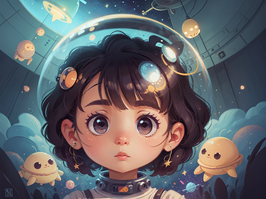 cartoon illustration,facial details,cute,indoor，ufo，Space background，Galaxy，the outer space，Fantasy thoughts and fantasies