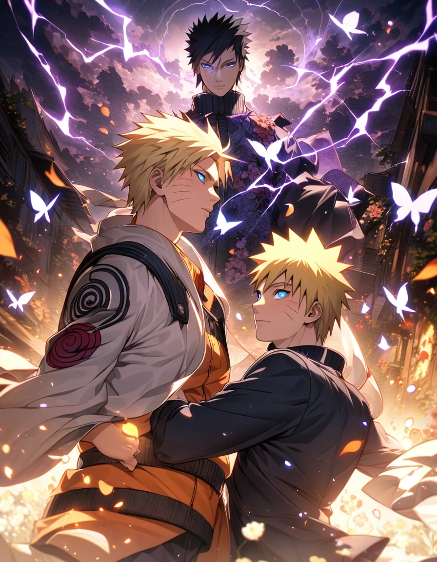 Ultra detailed, Highres, absurdres, HDR, hinata hyuga, complete white eyes, dark indgo hair, Uzumaki Naruto, blond hair, blue eyes, Naruto Shippuden, purple lightning, butterflies, handsome, couple, very detailed face and eyes, flowers and petals