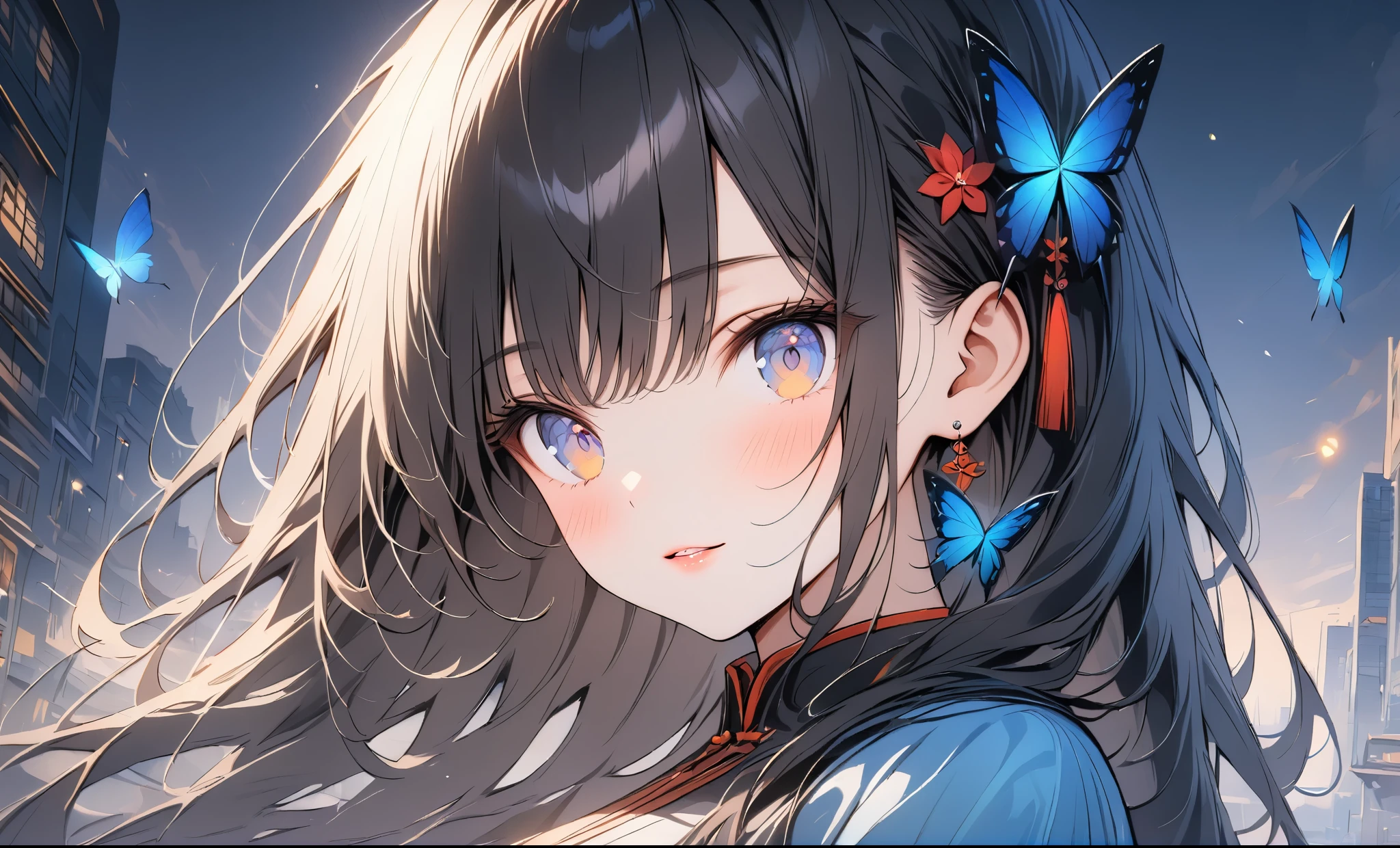 beautiful detailed eyes, beautiful detailed lips, extremely detailed eyes and face, longeyelashes, 1girl, ao dai, Nón Lá, pale sky blue color, cute, black hair, long hair, butterflies flying around, vietnam cityscape background, wallpaper, best quality, 4k, 8k, highres, masterpiece:1.2, ultra-detailed,  HDR, UHD, studio lighting, ultra-fine painting, sharp focus, physically-based rendering, extreme detail description, professional, vivid colors, bokeh