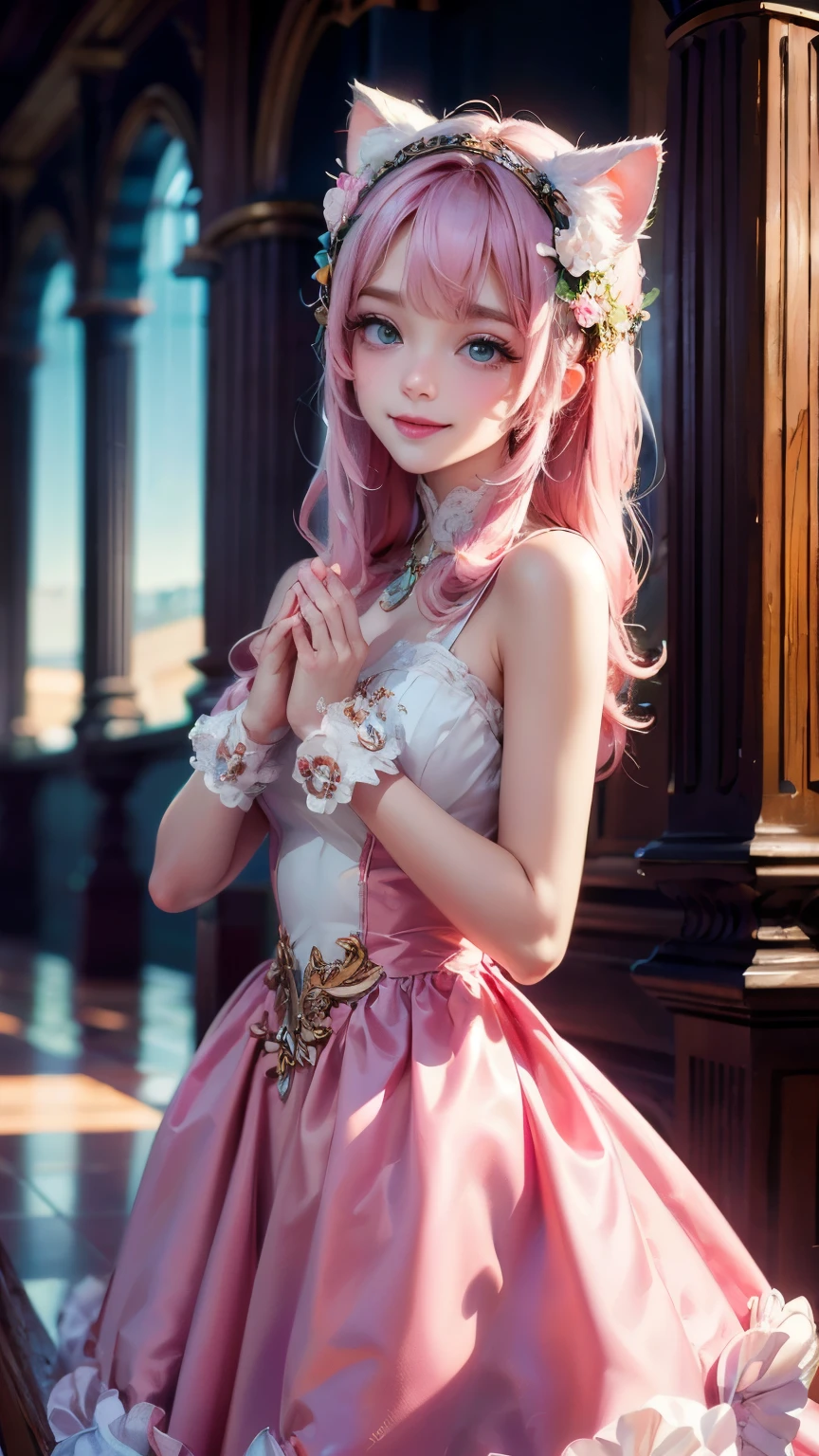 ((Highest quality)), ((masterpiece)), (detailed), 8k, High Resolution,One girl, Pink Hair, Perfect Eyes, Goddess of Athena, I'm praying, Hands together, (have confidence:1.3), (Facing forward:1.2), Hydrangea on background, smile, Pink Dress, Cat ear, Angel's wing, 
