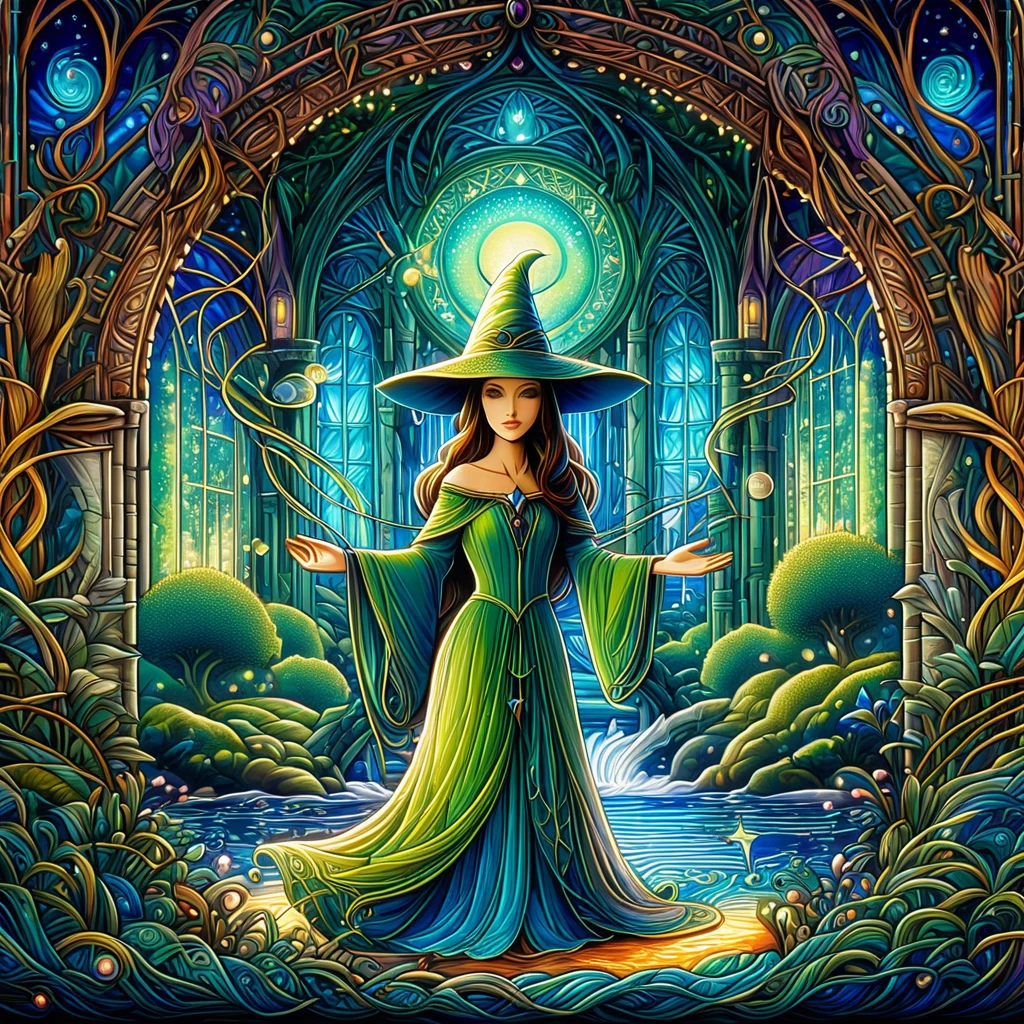 In the realm of dreams, a mystical Art Nouveau sorceress weaves threads of possibility into intricate tapestries of imagination. From fantastic landscapes to surreal creatures, every stitch brings dreams to life, Blurring the boundaries between reality and fantasy.
