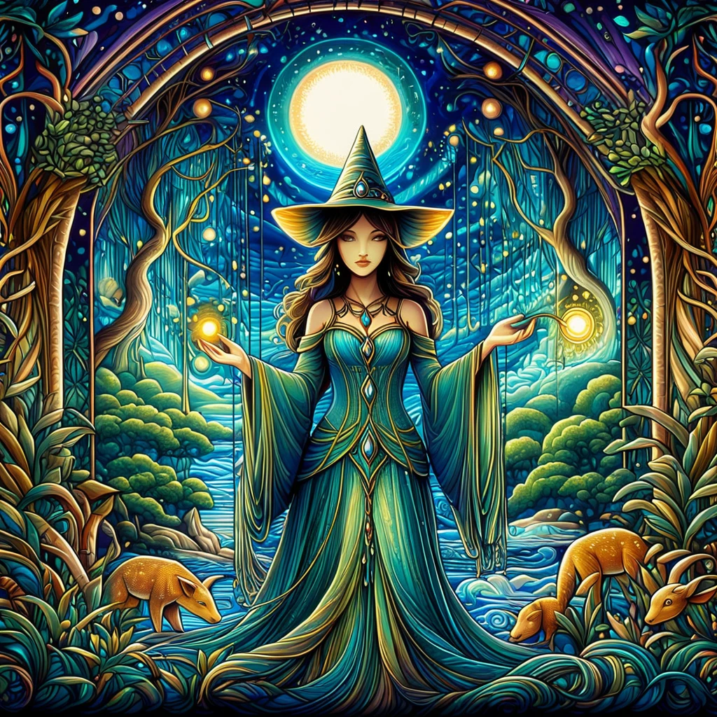 In the realm of dreams, a mystical Art Nouveau sorceress weaves threads of possibility into intricate tapestries of imagination. From fantastic landscapes to surreal creatures, every stitch brings dreams to life, Blurring the boundaries between reality and fantasy.