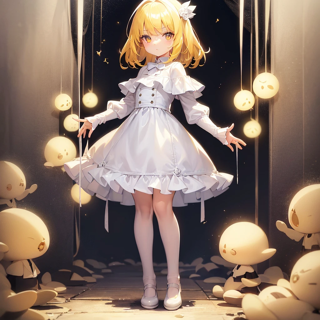 ((White leather shoes)),Cute little ,Tiny ,Small girl,,Childish face, Very fine clean face,Top quality, Big eyes,Straight Hair,Yellow hair,Crimson Eye,(Dark Room), Subtle light, Natural light,Soft lighting,Light from directly behind, (Are standing), Cute pose, (Open your hands), Showing the whole body,Front view,Black background