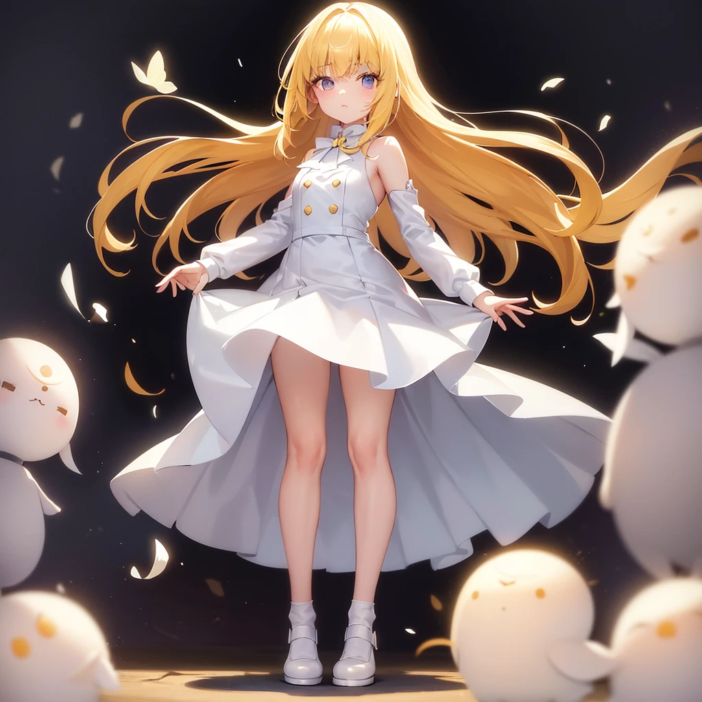 ((White leather shoes)),Cute little ,Tiny ,Small girl,,Childish face, Very fine clean face,Top quality, Big eyes,Straight Hair,Yellow hair,Crimson Eye,(Dark Room), Subtle light, Natural light,Soft lighting,Light from directly behind, (Are standing), Cute pose, (Open your hands), Showing the whole body,Front view,Black background